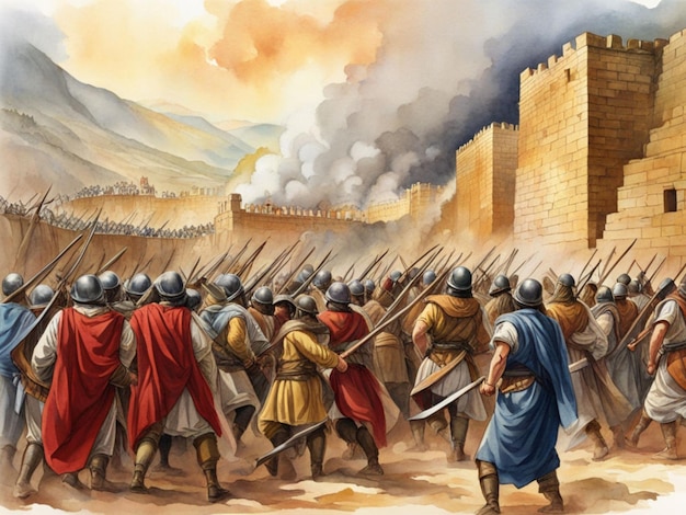 The Battle of Jericho The walls of Jericho collapsing as the Israelites march around themWatercolo