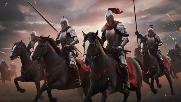 Battle of knights in armor on the battlefield the struggle of good against evil knights riders gall