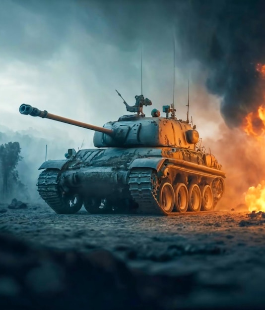 Battle military and army with tank in war and explosionartificial intelligence generated