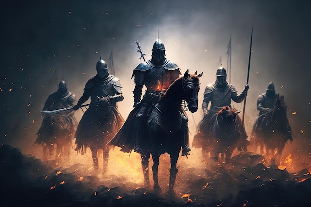 写真 戦場での鎧を着た騎士の戦い 悪に対する善の闘争 騎士のライダーが馬に乗って疾走する 火花と炎 戦士の肖像画 3 d レンダリング