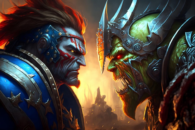 Battle of orcs and paladins the world of warcraft A man and an orc face to face the confrontation of the warriors Orcs and men in armor