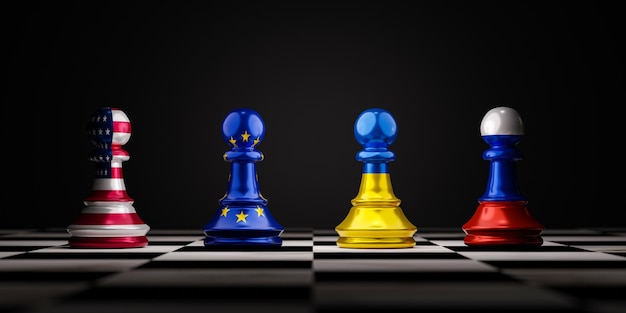 Battle pawn chess between Russia and Ukraine with USA and EU chess standing for both countries political conflict and war concept by 3d rendering technique