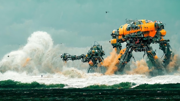 戦闘ロボットが海から現れます