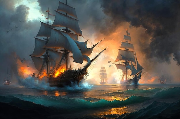 Battle of sea old sailing ships in fire and smoke illustration generative AI