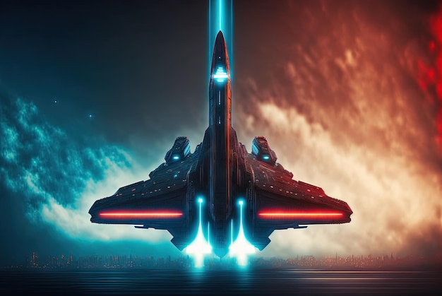 Astronave da battaglia con luci al neon volo futuristico nello spazio sfondo con navicella scifi ai generato