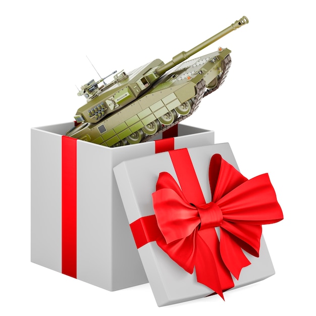 Battle tank inside gift box present concept 3D rendering