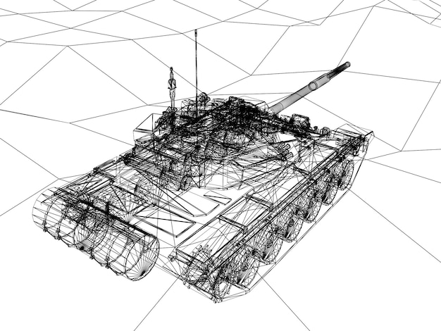 Боевой танк на песке 3D рендеринг каркаса