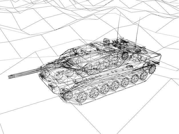 Battle tank on sand 3d rendering wireframe