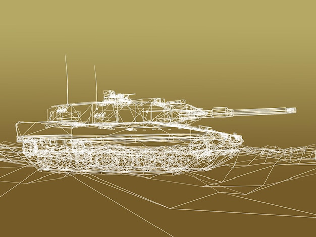 Battle tank on sand 3d rendering wireframe