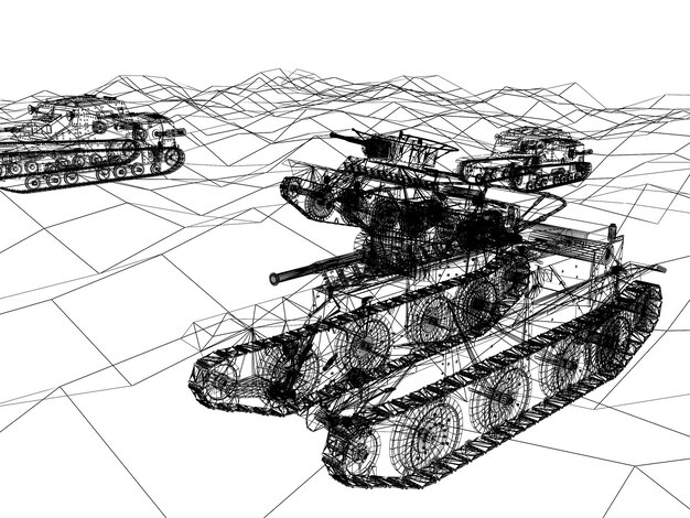 砂の上の戦車 3D レンダリング ワイヤーフレーム