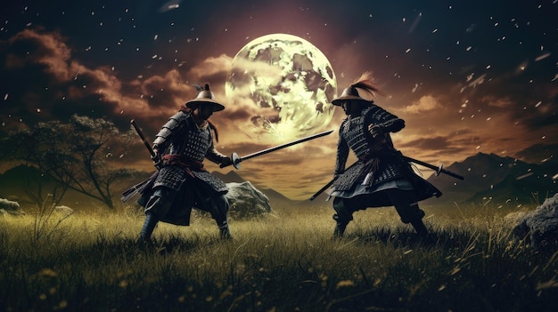 The battle of two samurai in a meadow under the moonlight