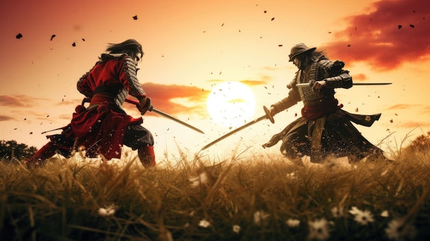 The battle of two samurai in a meadow under the sunset