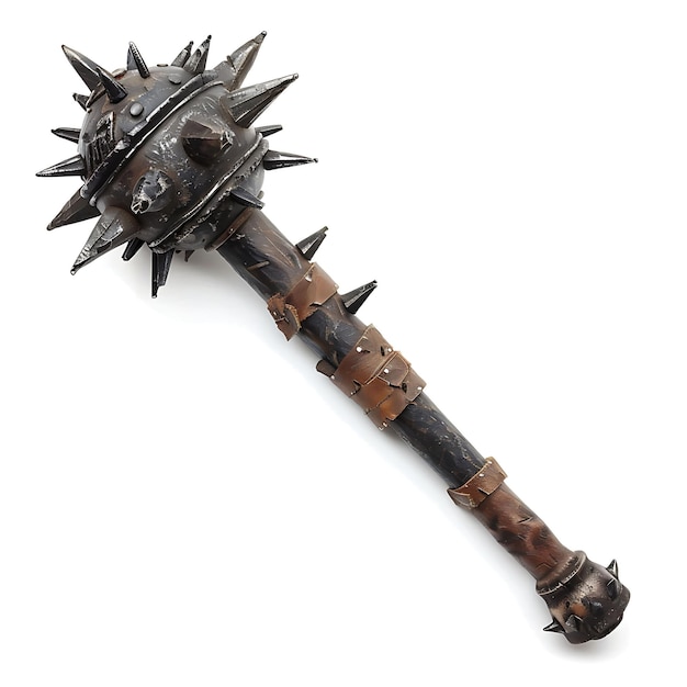 Photo battle worn iron mace spiked with obsidian shards and wrappe game asset 3d isolated design concept