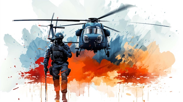 Battlefield war concept soldiers attack helicopter and explosions