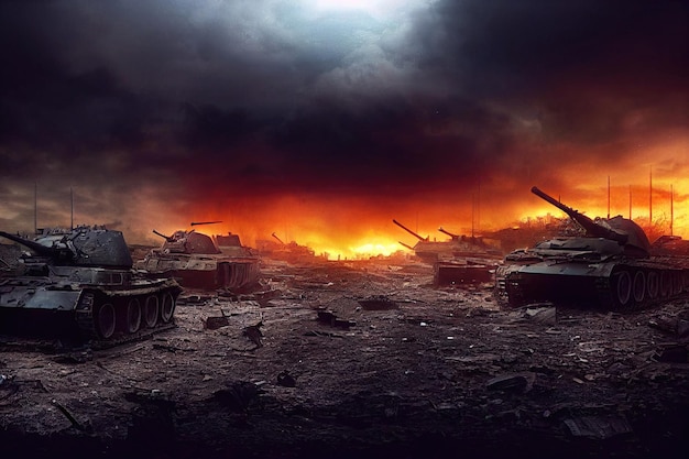 Battlefield with broken tanks from World War II Destroyed equipment dust and piles of debris