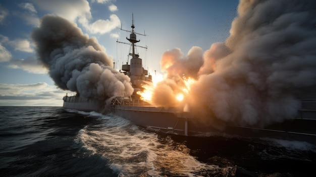 A battleship firing its main guns in a fierce naval