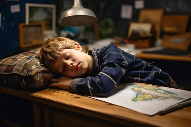 Photo battling boredom exhausted primary student nods off during mundane lesson