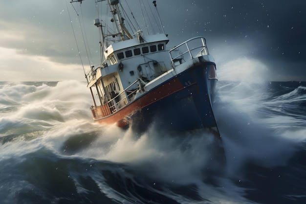 Battling the Tempest Fishing Trawler in a Stormy Sea