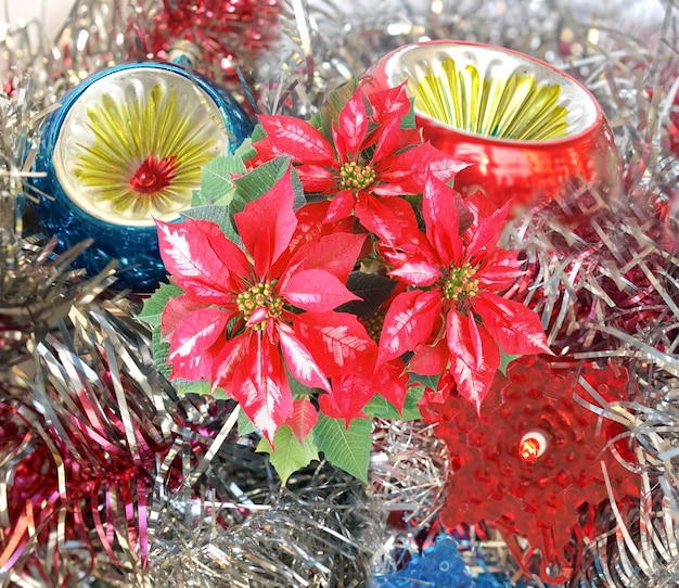 Photo bauble tinsel and christmas lights