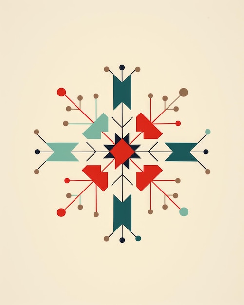 Смелая геометрическая графическая иллюстрация снежинки в стиле Баухаус в рождественских цветах на свете