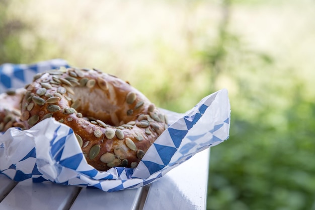 Bavarian bread for breakfast blue white paper