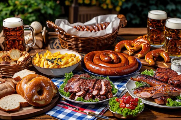 Bavarian delights featuring hearty portions of sausages pretzels and delectable schnitzel