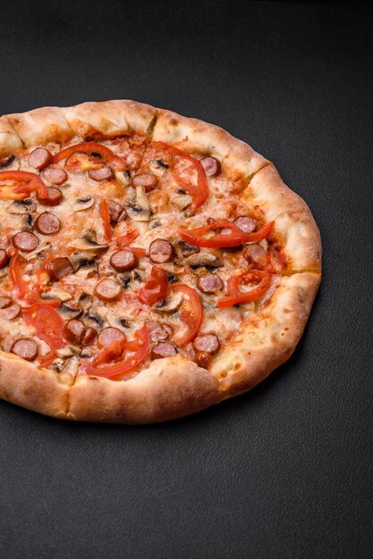 Bavarian pizza with smoked sausages tomatoes cheese salt and spices