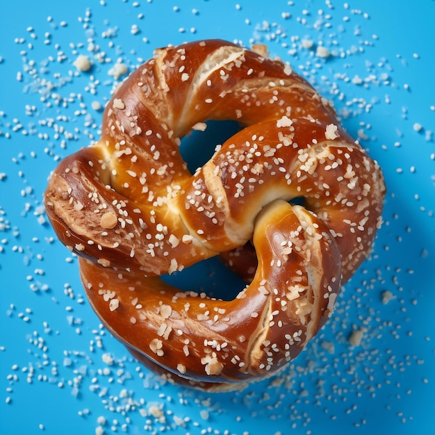 Bavarian Pretzels on Blue Background with Sesame Seeds Generative AI