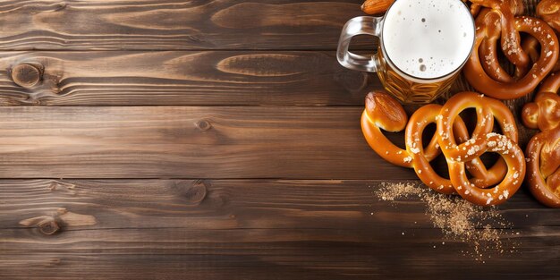 Foto pretzel bavaresi e un bicchiere di birra leggera.