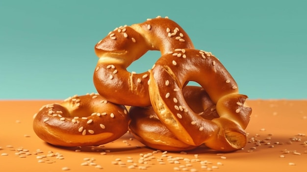 Bavarian pretzels with sesame seeds on a blue backgroundgenerative ai