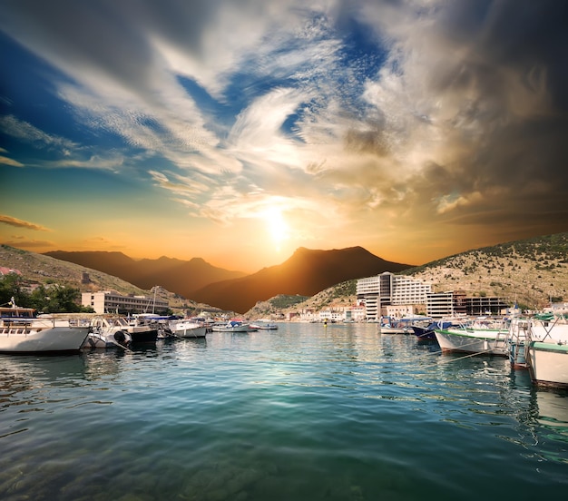 Bay of Balaclava with boats at sunset