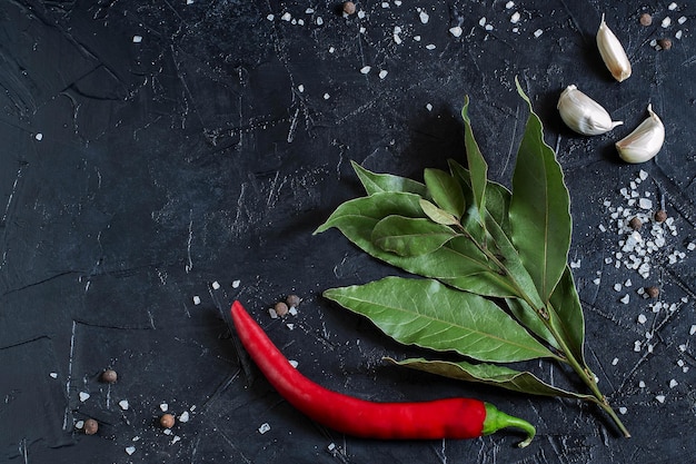 Bay leaf chili pepper garlic sea salt and allspices