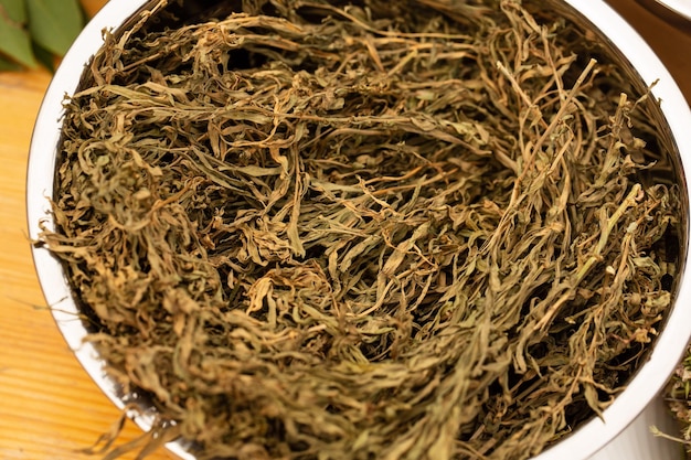 Bay leaf on a wooden table