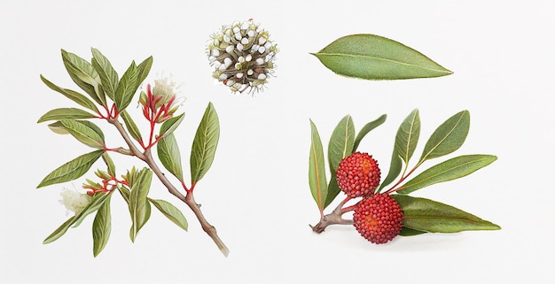 Bayberry (Myrica). Botanische illustratie op wit papier. De beste geneeskrachtige planten
