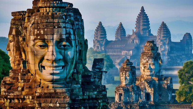 Photo bayon temple with giant stone faces angkor wat siem reap cambodia