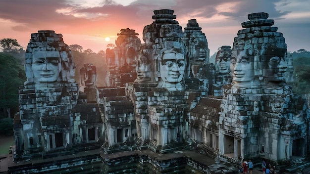 Photo bayon temple with giant stone faces angkor wat siem reap cambodia