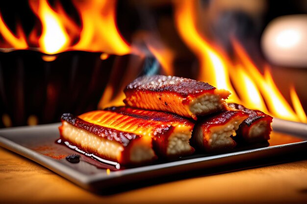 Photo bbg ribs cooking on flaming grill shot with selective focus digital art