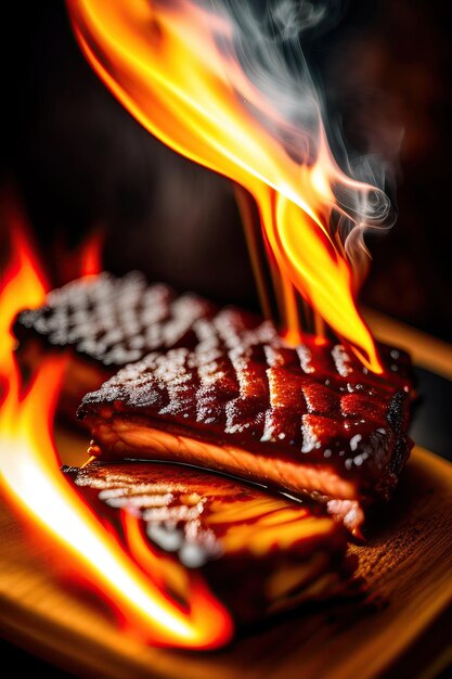 Photo bbg ribs cooking on flaming grill shot with selective focus digital art