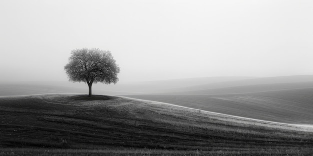 BBlack and white rural landscape with lonely tree