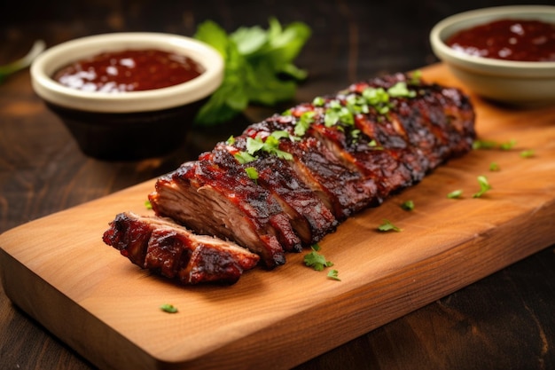 Bbq baby back ribs with sauce on a wooden board