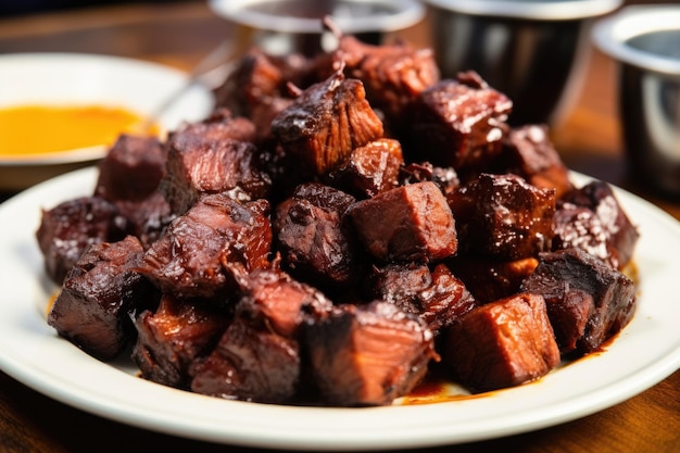 Bbq burnt ends piled neatly on a plate