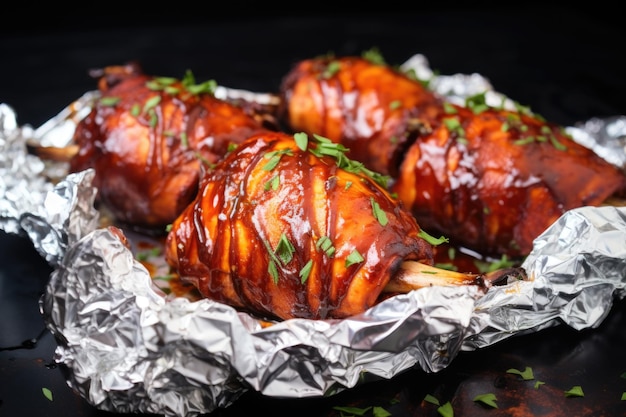 Bbq chicken drumsticks wrapped in aluminium foil