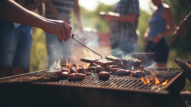 Bbq close up family grilling outside on backyard in summer during garden party generative ai