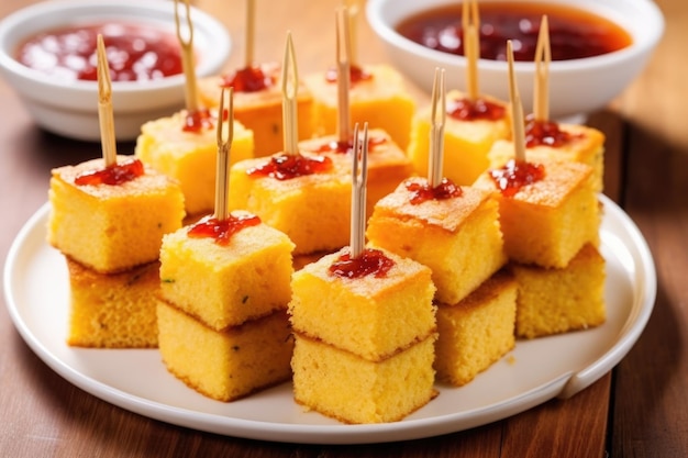 Bbq cornbread cubed and served on skewers