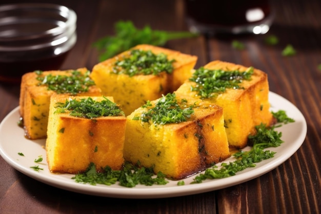 Bbq cornbread slices with a sprig of parsley