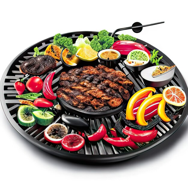 Foto piatto da barbecue con carne e verdure