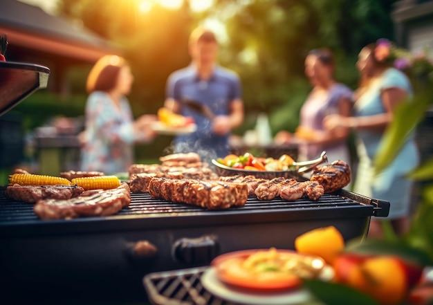 Фото Летняя вечеринка с барбекю, приготовление мяса на гриле во второй половине дня выходных, счастливая вечеринка азиатской семьи