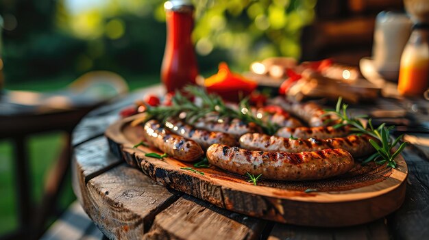 BBQ Fried sausages on a wooden table Grilled meat