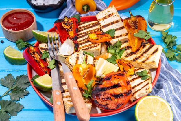 Foto bbq gegrilde geroosterde tofu kaas met groenten