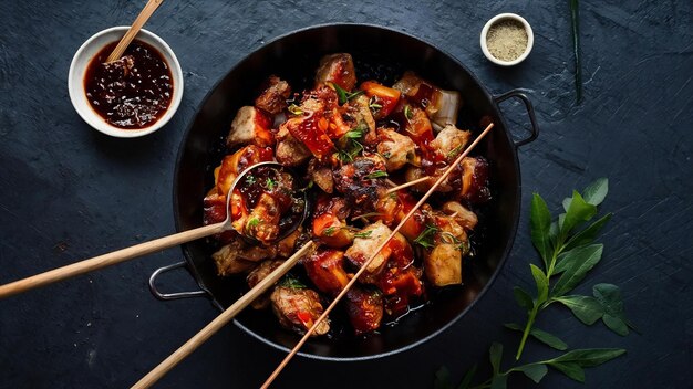 Photo bbq grill cooked with hot spicy sichuan pepper sauce is a chinese herb